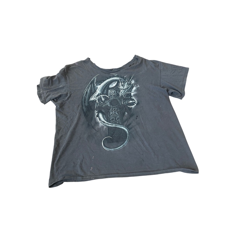 Vintage Dragon Celtic Cross Graphic Tee Grey Distressed Grunge Y2K Shirt
